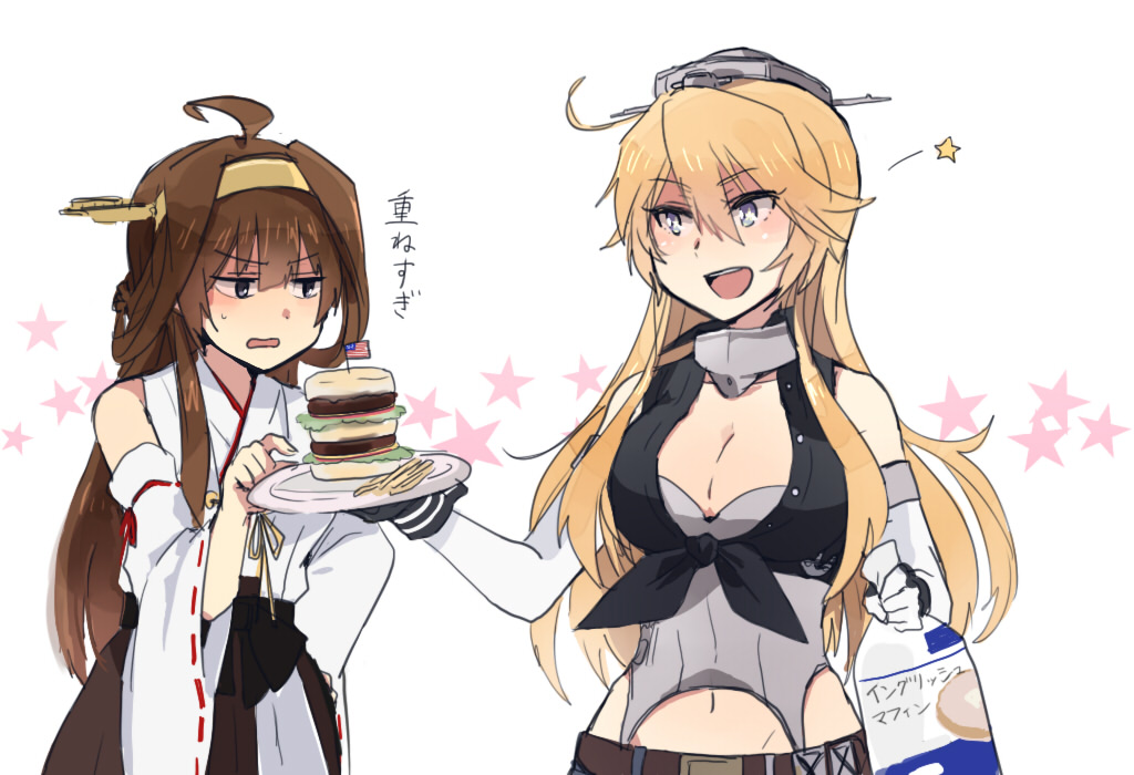 2girls ahoge american_flag annin_musou bangs blonde_hair breasts brown_eyes brown_hair cleavage collar commentary_request detached_sleeves flag food green_eyes hair_between_eyes hair_up hairband hamburger hand_on_hip headgear holding_plate iowa_(kantai_collection) kantai_collection kongou_(kantai_collection) large_breasts long_hair mini_flag multiple_girls navel nontraditional_miko open_mouth shirt smile sweatdrop tied_shirt translated wide_sleeves
