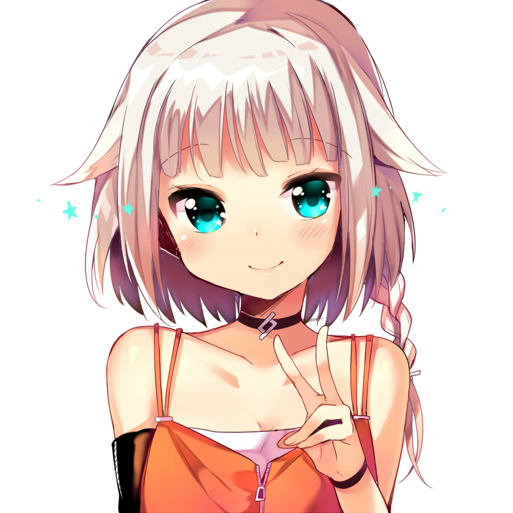 1girl aqua_eyes bangs bare_shoulders blunt_bangs blush braid cevio choker collarbone eyebrows eyebrows_visible_through_hair hand_gesture ikari_(aor3507) looking_at_viewer one_(cevio) short_hair side_braid single_braid smile solo v white_background wristband zipper