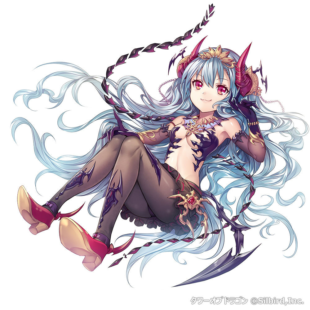 1girl :3 armpits bangs bare_shoulders beads blue_hair demon_girl elbow_gloves eyebrows eyebrows_visible_through_hair fang gloves headpiece horns jewelry long_hair looking_at_viewer madogawa navel necklace official_art original pantyhose pleated_skirt red_eyes shoes simple_background skirt small_breasts smile tower_of_dragon very_long_hair white_background