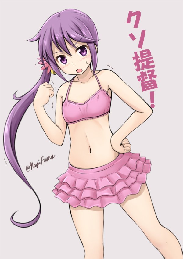 1girl akebono_(kantai_collection) bare_shoulders blush clenched_hand cowboy_shot fuuma_nagi hair_ornament hand_on_hip kantai_collection long_hair looking_at_viewer navel purple_hair side_ponytail simple_background solo sweatdrop swimsuit tankini twitter_username violet_eyes