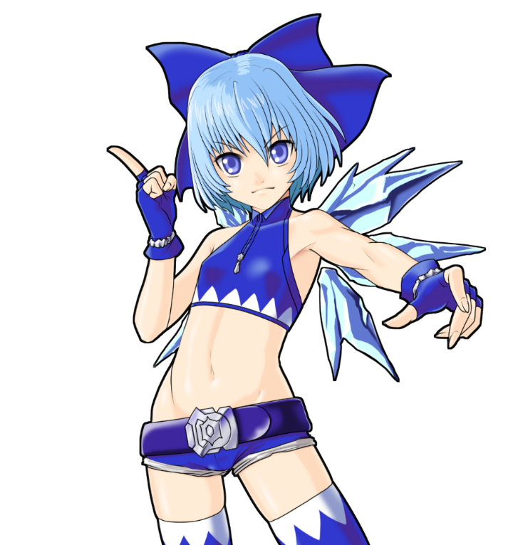 1girl adapted_object bare_arms bare_shoulders belt blue_eyes blue_gloves blue_hair blue_legwear bow cirno cowboy_shot crop_top fingerless_gloves gloves hair_bow ice ice_wings looking_at_viewer midriff navel raybar shorts solo thigh-highs thighs touhou wings