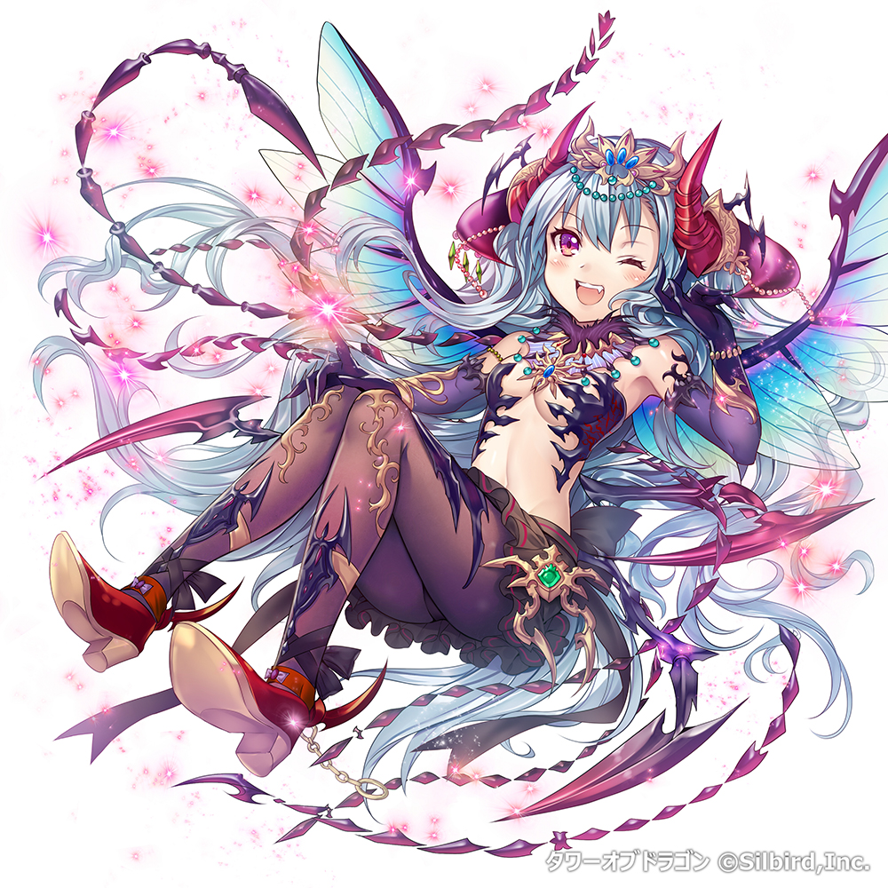 1girl armpits bangs bare_shoulders beads blue_hair blush demon_girl elbow_gloves eyebrows eyebrows_visible_through_hair fang gloves glowing headpiece horns jewelry long_hair looking_at_viewer madogawa navel necklace official_art one_eye_closed original pantyhose pleated_skirt shoes simple_background skirt small_breasts tower_of_dragon very_long_hair violet_eyes white_background wings