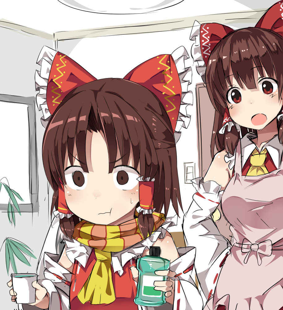 2girls :o :t apron bangs benikurage benjamin_button_suukina_jinsei blank_eyes blunt_bangs blush bottle bow brown_hair ceiling_light closed_mouth cookie_(touhou) cowboy_shot detached_sleeves door drinking eyebrows eyebrows_visible_through_hair frilled_bow frills hair_bow hair_tubes hakurei_reimu hand_on_hip holding_bottle holding_cup indoors kanna_(cookie) light_switch long_sleeves multiple_girls necktie open_mouth pink_apron pink_bow plant potted_plant red_bow red_eyes red_vest scarf sidelocks sketch sleeveless standing striped striped_scarf surprised tareme upper_body water wavy_hair window yellow_necktie