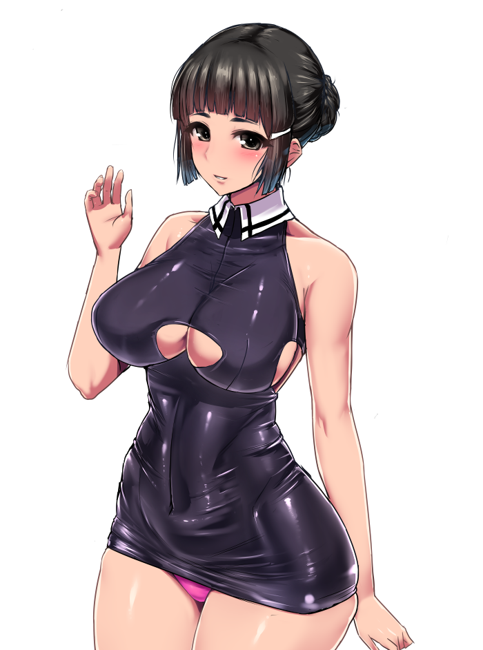 1girl arm_at_side bangs bare_shoulders black_hair blush bodycon breasts brown_eyes covered_navel cowboy_shot dress eyelashes hair_bun hair_ornament hairclip ishimiso_(ishimura) kantai_collection large_breasts looking_at_viewer microdress myoukou_(kantai_collection) palms panties parted_lips pink_panties shiny shiny_clothes shiny_skin sideboob sidelocks simple_background skin_tight skindentation sleeveless smile solo underboob_cutout underwear white_background