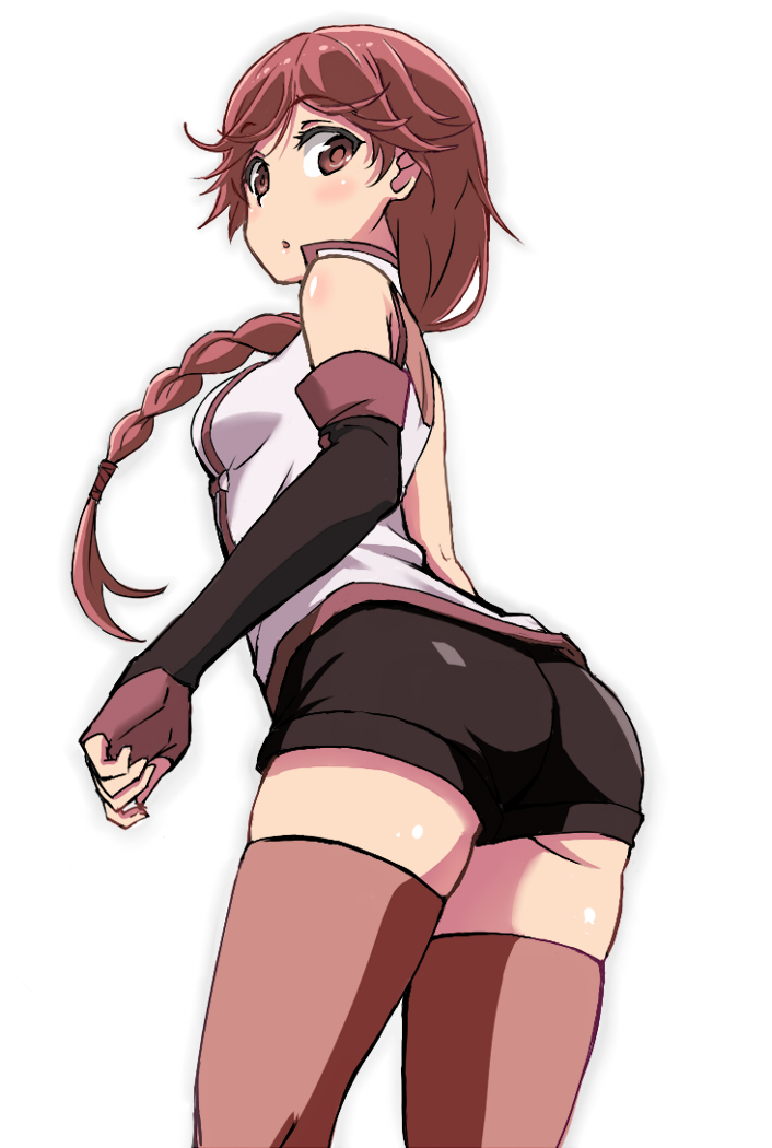 1girl :o ass bare_shoulders beaver_(artist) braid elbow_gloves fingerless_gloves gloves hai_to_gensou_no_grimgar hair_over_shoulder long_hair looking_at_viewer red_eyes redhead shorts single_braid solo thigh-highs yume_(grimgar)