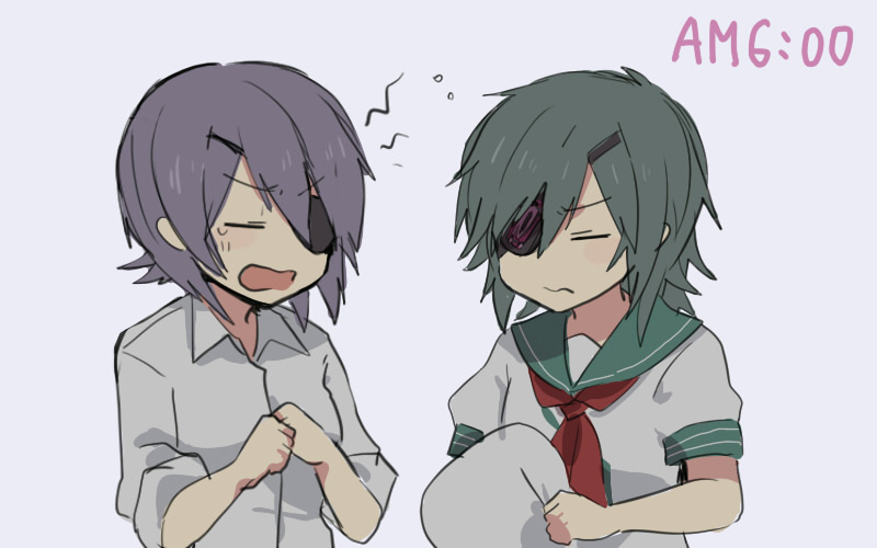 2girls annin_musou closed_eyes dressing eyepatch green_hair hair_ornament hairclip hat holding holding_hat kantai_collection kiso_(kantai_collection) multiple_girls open_mouth purple_hair sailor_collar sailor_hat sailor_shirt shirt sleeves_rolled_up tenryuu_(kantai_collection) timestamp yawning