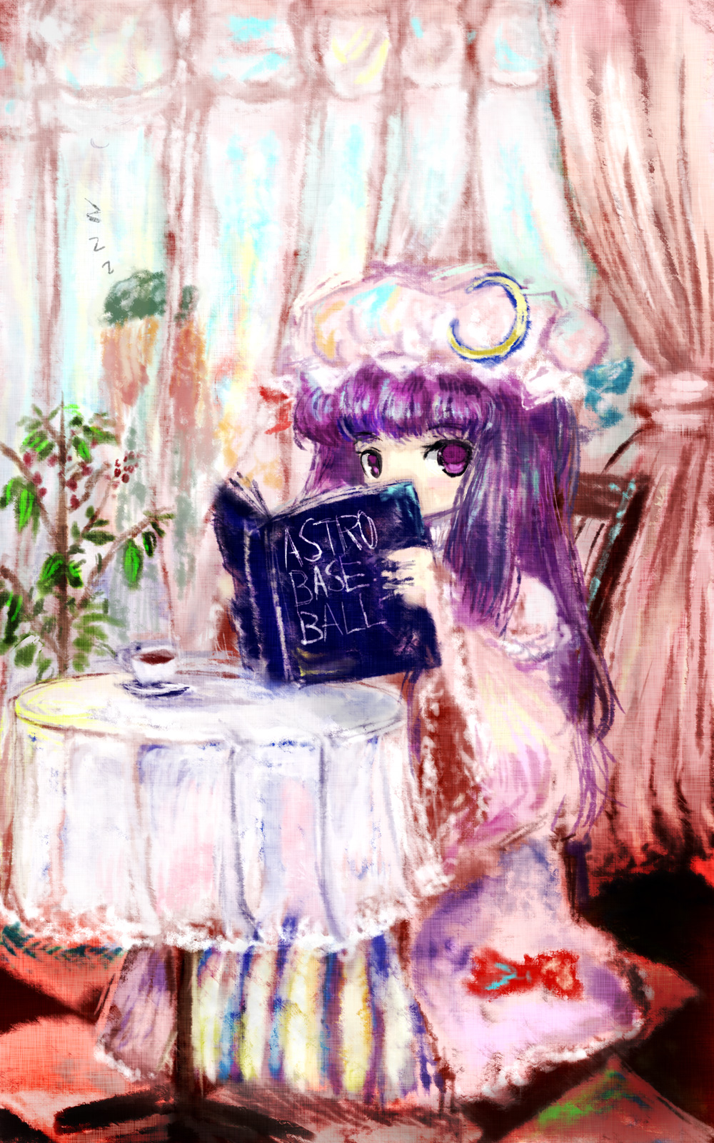 2girls amii beret book capelet chair covered_mouth crescent crescent_moon_pin cup curtains dress english hat highres hong_meiling indoors long_sleeves looking_at_viewer mob_cap multiple_girls open_book patchouli_knowledge pink_coat plant potted_plant purple_hair reading redhead saucer sitting sleeping solo_focus striped striped_dress table tea teacup touhou transparent violet_eyes wide_sleeves window zzz