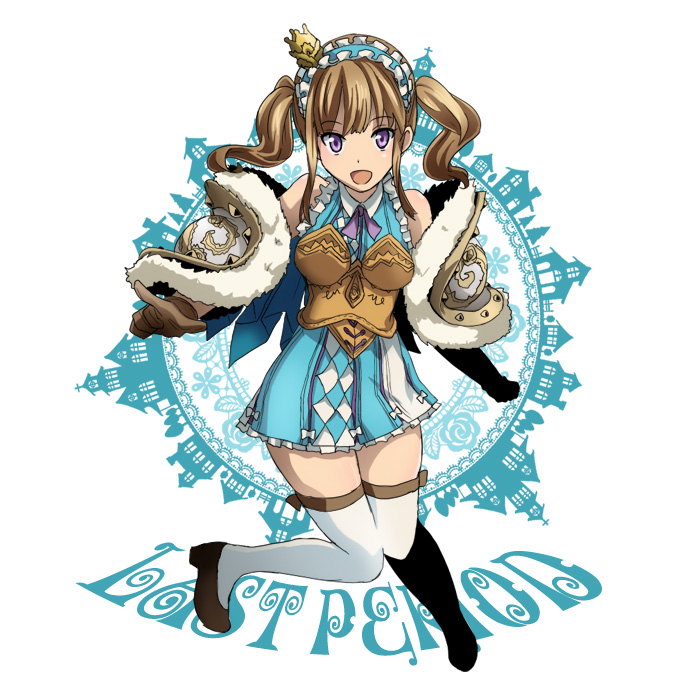 1girl bare_shoulders blue_dress blue_eyes bluemoon brown_gloves brown_hair capelet choker copyright_name dress gloves headdress last_period lisa_(last_period) long_hair looking_at_viewer open_mouth pointing ribbon_choker sleeveless smile solo thigh-highs twintails white_legwear zettai_ryouiki