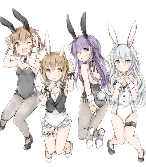 &gt;:o 4girls :o ;d akatsuki_(kantai_collection) alternate_costume animal_ears black_hair black_legwear blue_eyes brown_eyes brown_hair bunny_pose bunny_tail bunnysuit embarrassed fang frills from_behind full_body hibiki_(kantai_collection) high_heels ikazuchi_(kantai_collection) inazuma_(kantai_collection) interlocked_fingers kantai_collection leg_garter leotard multiple_girls one_eye_closed open_mouth pantyhose rabbit_ears simple_background small_breasts smile tail wataame27 wavy_mouth white_hair