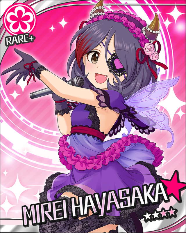 character_name eyepatch hayasaka_mirei idolmaster idolmaster_cinderella_girls microphone red_eyes short_hair singing stars violet_hair