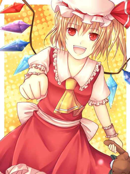 1girl :d ascot blonde_hair collar commentary_request crystal dress fangs flandre_scarlet foreshortening frilled_collar frills hat hat_ribbon kutsuki_kai looking_at_viewer mob_cap open_mouth puffy_short_sleeves puffy_sleeves red_dress red_eyes red_ribbon ribbon sash short_hair short_sleeves side_ponytail skirt skirt_set smile solo stuffed_animal stuffed_toy teddy_bear touhou wings wrist_cuffs