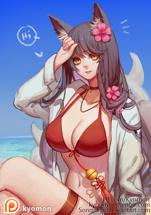 /\/\/\ 1girl ahri animal_ears arm_up artist_name bare_shoulders bell bikini black_hair blonde_hair blue_sky blush breasts choker cleavage collarbone collared_shirt crossed_legs day flower fox_ears fox_tail hair_flower hair_ornament hibiscus horizon jewelry jingle_bell large_breasts league_of_legends long_hair long_sleeves looking_at_viewer midriff navel necklace ocean open_clothes open_shirt outdoors patreon pool_party_ahri red_bikini shirt sitting sky solo songjikyo speech_bubble stomach summer swimsuit tail talking tassel text thigh_strap water wing_collar