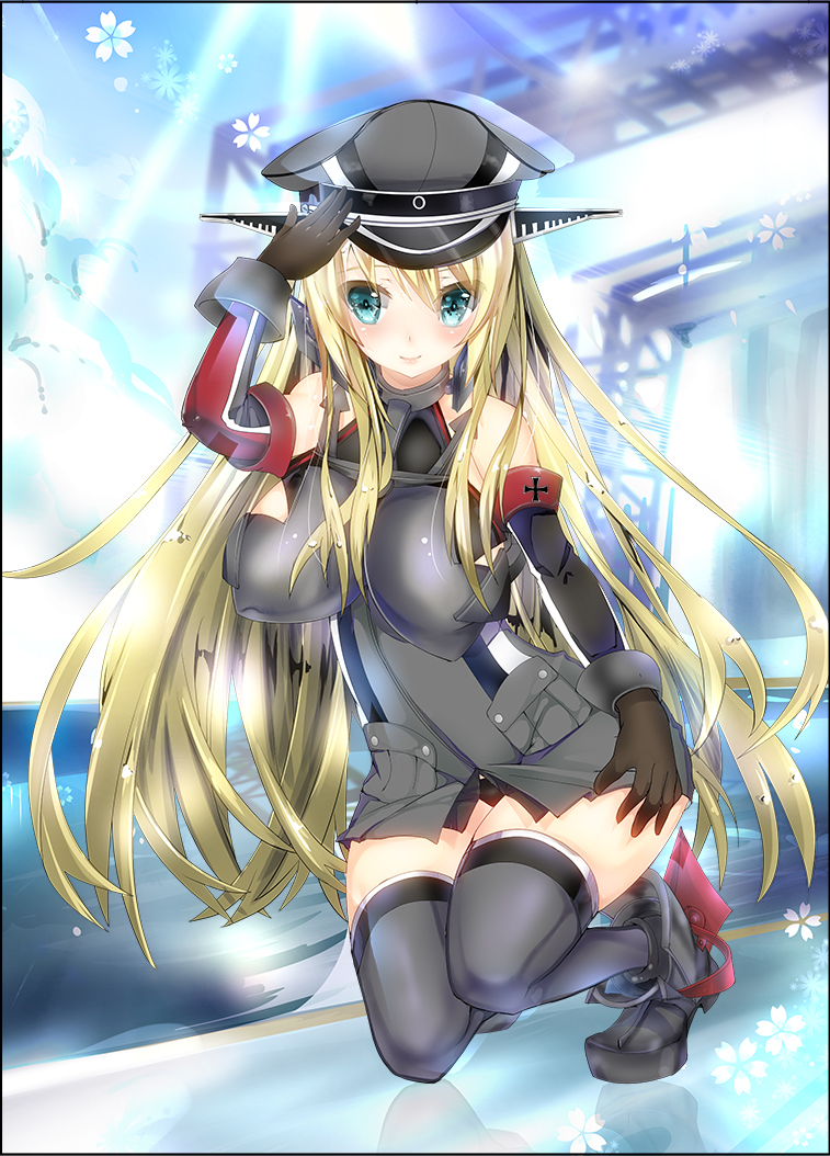 1girl anchor_symbol background bismarck_(kantai_collection) blonde_hair blue_eyes boots brown_gloves detached_sleeves full_body gloves grey_boots grey_legwear hat iron_cross kantai_collection kneeling long_hair mezashi_gohan military military_uniform panties peaked_cap smile thigh-highs underwear uniform