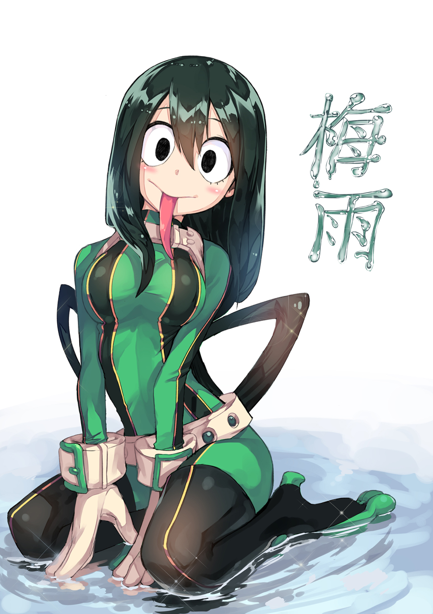 1girl :&gt; asui_tsuyu black_eyes blush bodysuit boku_no_hero_academia breasts buckle gloves green_hair hair_rings highres long_hair long_tongue newey seiza shiny shiny_hair sitting skin_tight smile solo tongue tongue_out water