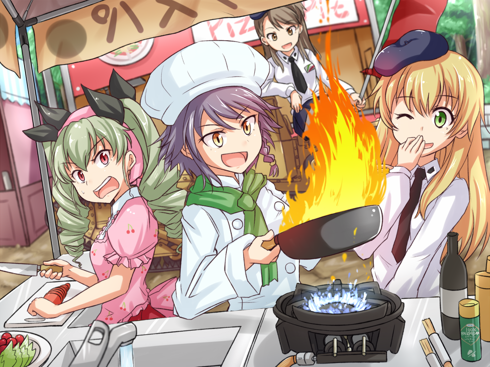 4girls alternate_costume anchovy bandana beret black_hair black_skirt blonde_hair braid brown_eyes brown_hair carpaccio chef_hat chef_uniform cooking covering_mouth dress dress_shirt drill_hair emblem extra frying_pan girls_und_panzer green_eyes green_hair hair_ribbon hat holding kitayama_miuki knife long_hair long_sleeves looking_at_another looking_back multiple_girls necktie one_eye_closed open_mouth pepperoni_(girls_und_panzer) pink_dress red_eyes ribbon school_uniform shirt short_hair short_sleeves side_braid skirt smile standing sweatdrop twin_drills twintails wavy_mouth white_shirt