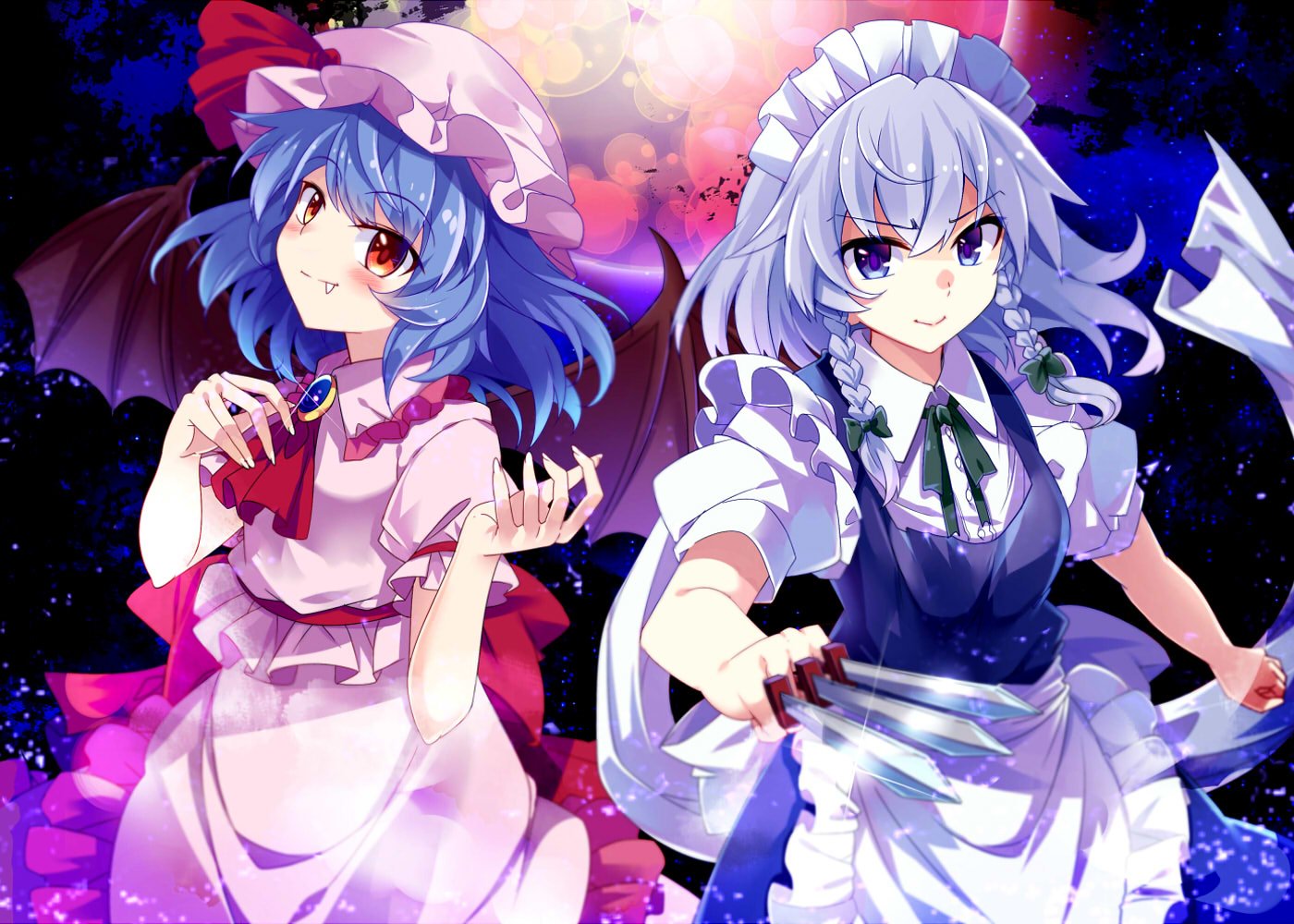 &gt;:) 2girls apron ascot backlighting bat_wings between_fingers blue_dress blue_eyes blue_hair blush braid brooch closed_mouth collar cowboy_shot dagger dress e.o. fang fang_out foreshortening frilled_collar frills full_moon gem glint holding holding_weapon izayoi_sakuya jewelry looking_at_viewer maid maid_apron maid_headdress moon multiple_girls outstretched_arm pink_shirt pink_skirt puffy_short_sleeves puffy_sleeves red_eyes red_moon remilia_scarlet sapphire_(stone) shirt short_hair short_sleeves silver_hair skirt smile tooth touhou twin_braids vampire waist_apron weapon white_apron wings