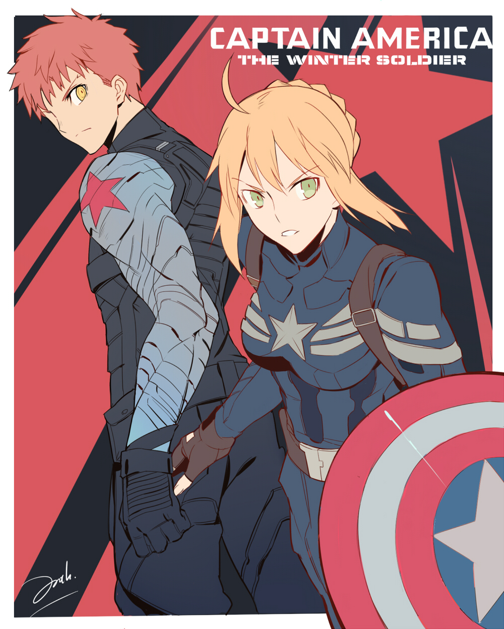 1boy 1girl ahoge bianyuanqishi blonde_hair braid captain_america captain_america_(cosplay) captain_america_the_winter_soldier cosplay emiya_shirou fate/stay_night fate_(series) french_braid gloves green_eyes highres james_buchanan_barnes marvel pants parody redhead saber shield winter_soldier winter_soldier_(cosplay) yellow_eyes