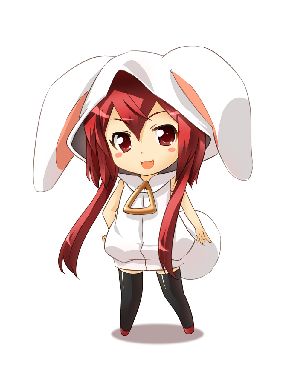 1girl animal_hood black_legwear bunny_hood chibi highres iga_tamaki long_hair looking_at_viewer open_mouth original red_eyes redhead simple_background smile solo thigh-highs white_background