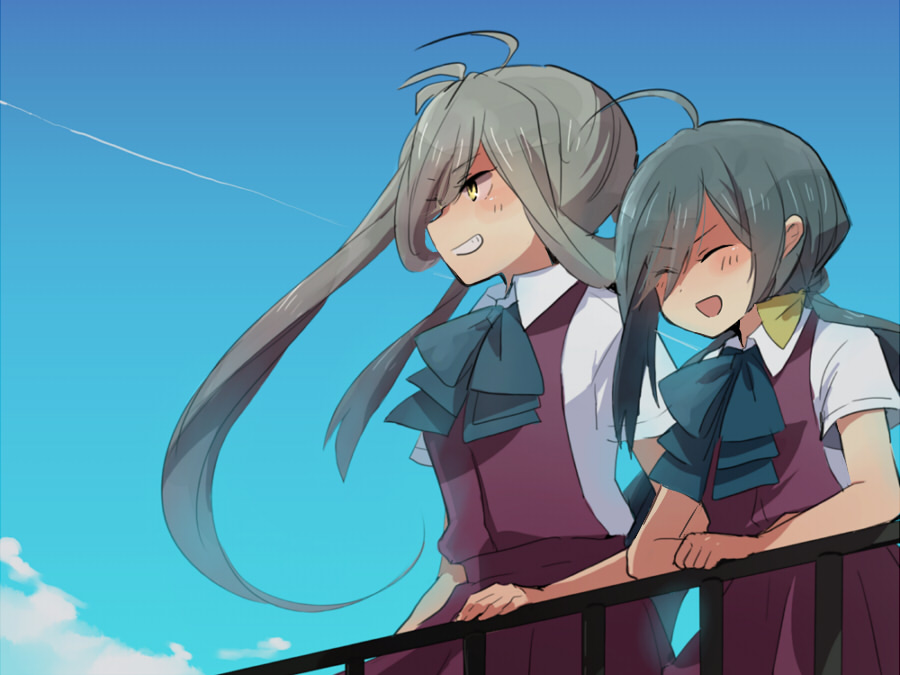 2girls ahoge annin_musou asashimo_(kantai_collection) ascot blue_sky closed_eyes dress green_hair grey_hair grin kantai_collection kiyoshimo_(kantai_collection) multiple_girls open_mouth ponytail railing school_uniform shirt side_ponytail sky sleeveless sleeveless_dress smile white_shirt
