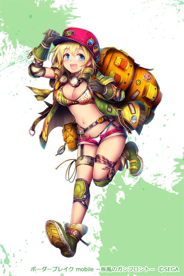 1girl :d back backpack badge bag bangs belt belt_pouch black_gloves blonde_hair blue_eyes boots border_break bra breasts cleavage company_name copyright_name curly_hair drill_hair eyebrows eyebrows_visible_through_hair full_body garter_belt gloves goggles goggles_around_neck green_boots groin hair_between_eyes hat hat_tip holding_strap jacket kara_(color) knee_pads large_breasts long_hair looking_at_viewer navel official_art open_clothes open_fly open_jacket open_mouth panties pink_shorts pocket sega short_shorts short_sleeves shorts smile solo stomach striped thigh_strap twin_drills unbuttoned underwear white_panties