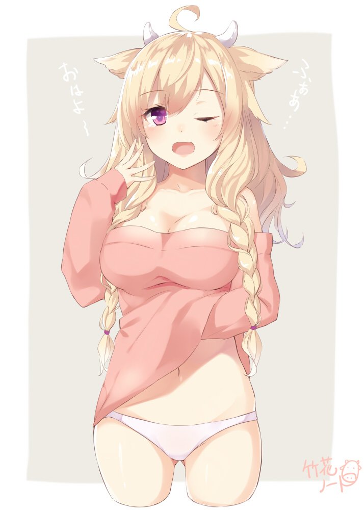 1girl ahoge animal_ears bare_shoulders blonde_hair blush braid breasts character_request cleavage collarbone cowboy_shot hand_under_clothes hand_under_shirt long_hair long_sleeves navel no_pants note_(aoiro_clip) one_eye_closed open_mouth panties shiny shiny_skin shirt simple_background solo translation_request twin_braids underwear violet_eyes yawning