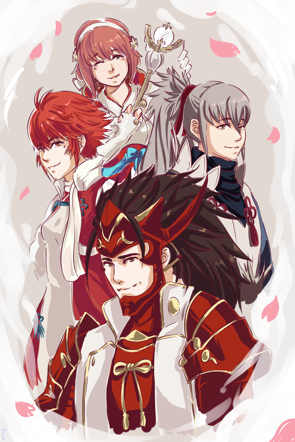 2boys 2girls armor brother_and_sister brothers brown_hair cherry_blossoms commentary erisupaisu fire_emblem fire_emblem_if gloves grey_hair hairband highres hinoka_(fire_emblem_if) holding japanese_armor long_hair multiple_boys multiple_girls one_eye_closed pink_hair ponytail redhead ryouma_(fire_emblem_if) sakura_(fire_emblem_if) short_hair siblings simple_background sisters smile staff takumi_(fire_emblem_if) upper_body