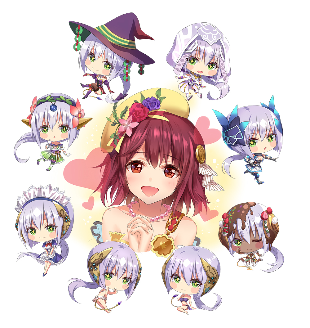 +_+ 2girls :d ;( alternate_costume althea_(sakiya0000) apron arm_support armor armored_boots atelier_(series) atelier_sophie bare_shoulders beret bikini bikini_top black_legwear blush boots bow bowtie breasts brown_eyes brown_hair chestnut_mouth chibi chocolate chocolate_covered chocolate_syrup clenched_hand closed_mouth collarbone crossed_legs dark_skin enmaided finger_in_mouth finger_to_mouth flower food frilled_apron frilled_bikini frills fruit gauntlets gloves green_eyes hair_flower hair_ornament hairband hands_clasped hat heart jewelry juliet_sleeves leg_up long_hair long_sleeves looking_at_viewer low_ponytail maid maid_headdress multiple_girls necklace open_mouth plachta ponytail puffy_short_sleeves puffy_sleeves purple_boots red_bow red_bowtie red_gloves sarong shoes short_sleeves silver_hair simple_background sitting smile sophie_neuenmuller sprinkles strawberry swimsuit tail thigh-highs v_arms veil very_long_hair waist_apron wariza white_background white_bikini white_gloves witch_hat
