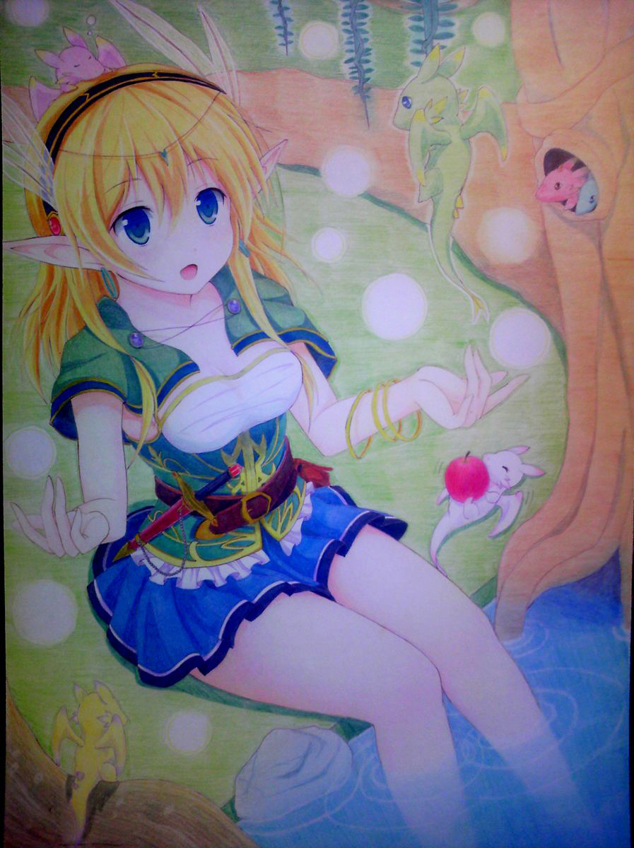 blonde_hair colored_pencil_(medium) creature elf green highres kittona knife looking_at_viewer open_hands pointy_ears river smile traditional_media tree watercolor_(medium) weapon
