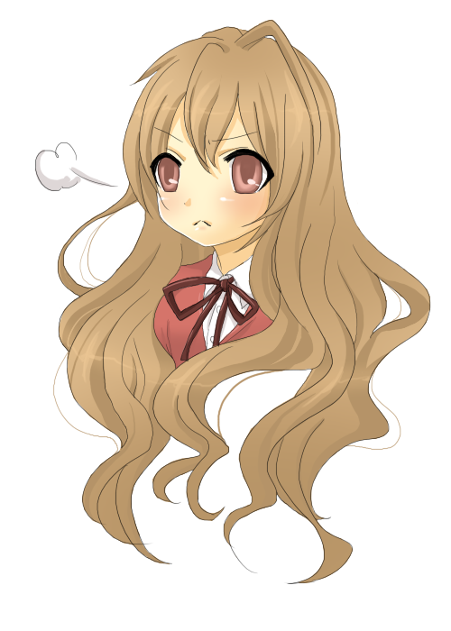 ahoge aisaka_taiga angry bangs blazer blush bow bowtie breath brown_eyes brown_hair bust buttons flat_chest frown junnosuke long_hair looking_away parted_bangs pink_eyes school_uniform simple_background solo toradora! wavy_hair