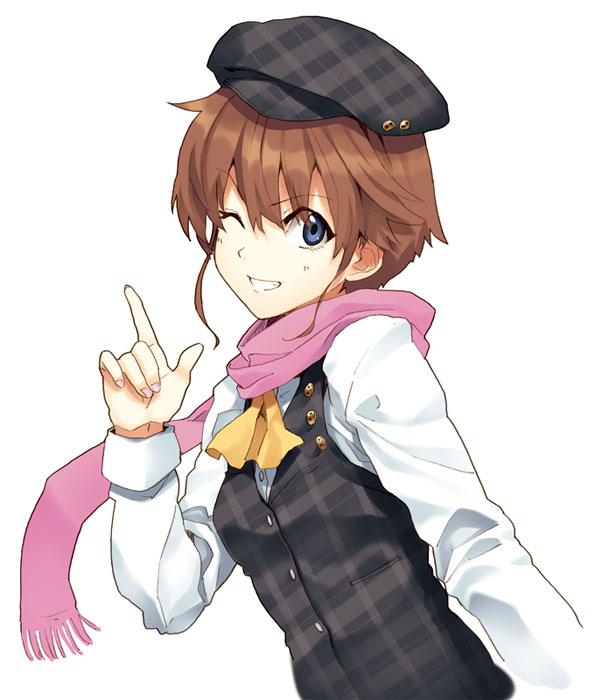 brown_hair cabbie_hat grin hat original plaid runa scarf short_hair smile tartan vest wink