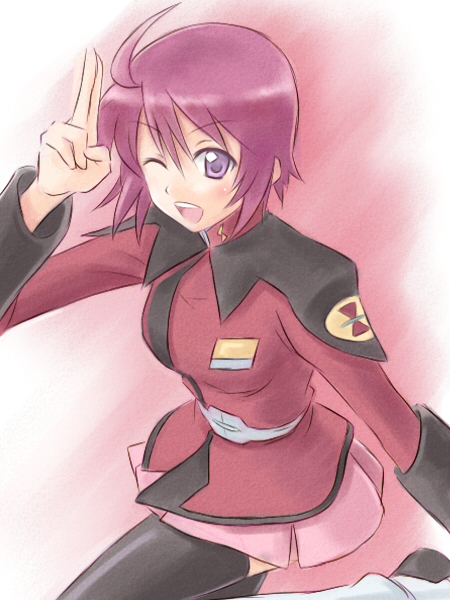 ahoge bad_id gundam gundam_seed gundam_seed_destiny lunamaria_hawke military military_uniform purple_eyes purple_hair satogo solo thigh-highs thighhighs uniform violet_eyes wink