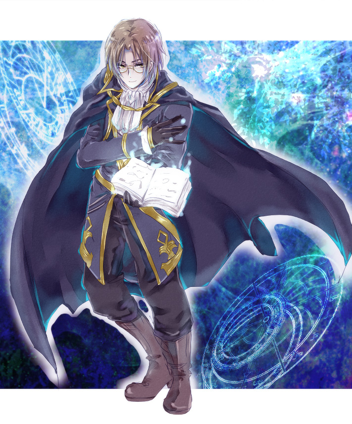 1boy book boots cape coat glasses gloves lezard_valeth magic_circle male open_book solo unabara_misumi valkyrie_profile