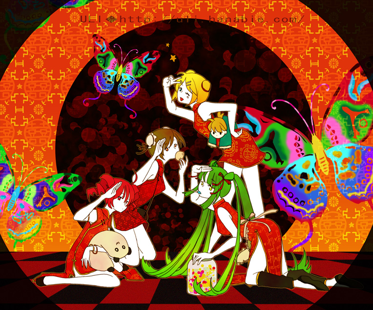 ahoge bad_id blonde_hair blue_eyes brown_eyes brown_hair bun_cover butterfly candy china_dress chinadress chinese_clothes double_bun green_eyes green_hair hair_ornament hairclip hatsune_miku kagamine_len kagamine_rin kasane_teto kneeling long_hair meiko multiple_girls red_eyes red_hair redhead short_hair smile stuffed_animal stuffed_toy twintails uli utau vocaloid wink