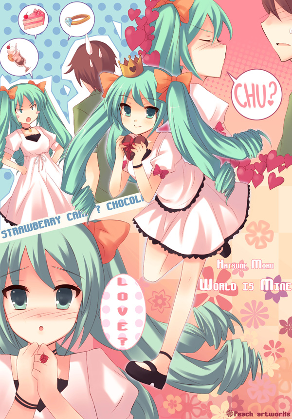aqua_hair bad_id blush cake closed_eyes comic crown dress drill_hair food hair_ribbon hatsune_miku heart ice_cream jewelry pastry pcmaniac88 ribbon ring sheat shoes smile tsundere twintails vocaloid world_is_mine_(vocaloid)