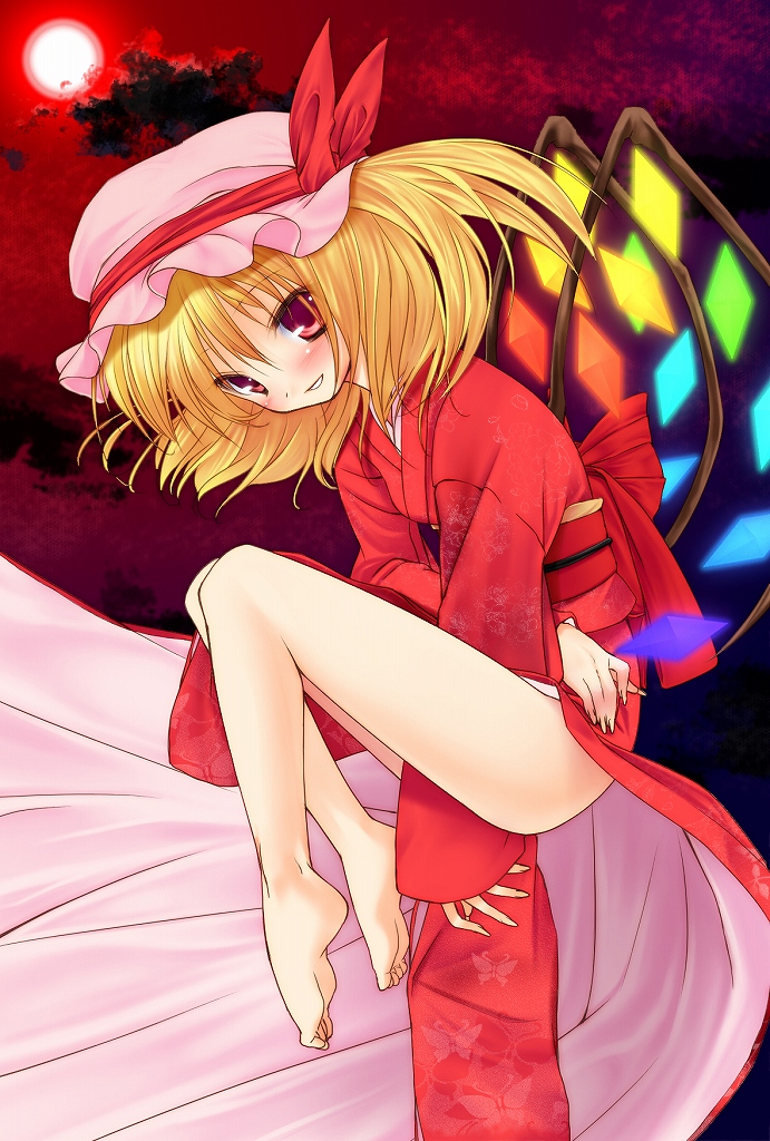 blonde_hair blush bottomless fairy feet fetal_position flandre_scarlet hat japanese_clothes kimono legs looking_at_viewer lying moon nigou_(aozoragarou) ponytail red_eyes red_moon short_hair side_ponytail smile solo toe-point touhou wings