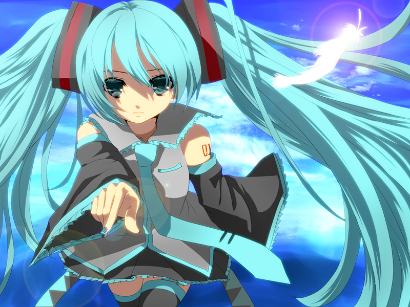 aqua_hair bad_id detached_sleeves feathers hatsune_miku lens_flare long_hair necktie skirt soraruru thigh-highs thighhighs twintails very_long_hair vocaloid yui_tooru zettai_ryouiki