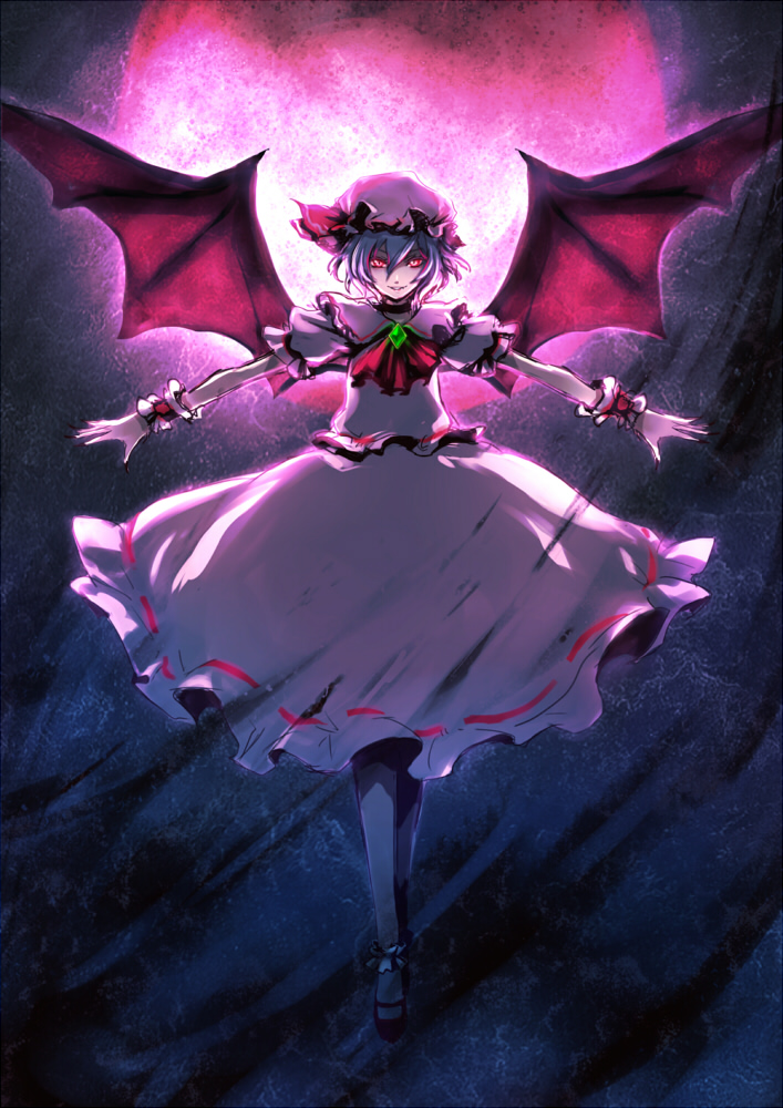 blue_hair hat outstretched_arms red_eyes remilia_scarlet ria spread_arms touhou wings wrist_cuffs