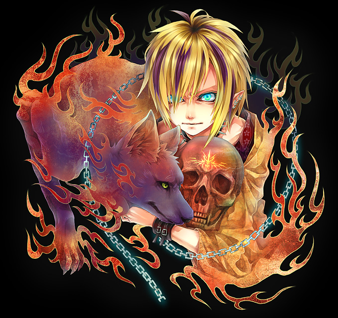 blonde_hair chain chains earrings fire glowing glowing_eyes jewelry last_c male multicolored_hair original pointy_ears short_hair skull solo wolf yukimichi