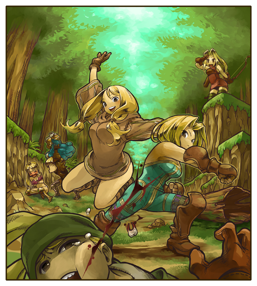 battle blonde_hair blood boots breasts broken_teeth face_punch final_fantasy final_fantasy_tactics forced forest geomancer_(fft) gloves injury jumping knight_(fft) large_breasts long_hair mimonel monk_(fft) nature punch punching ramza_beoulve smile tears teeth thief_(fft) undressing