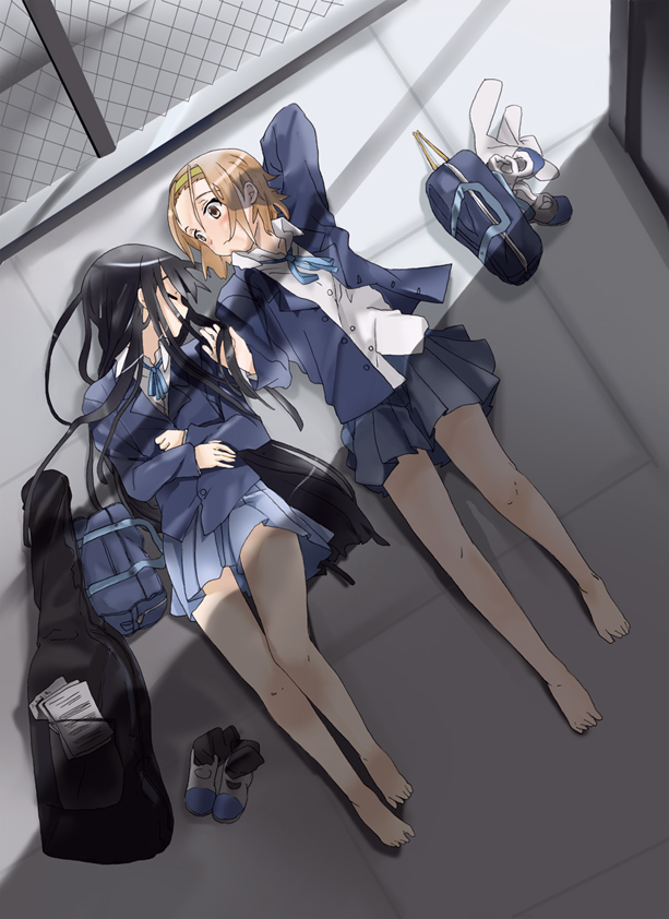 akiyama_mio bangs barefoot black_hair blunt_bangs blush brown_eyes brown_hair building dress feet guitar hairband hime_cut instrument k-on! long_hair mary_janes multiple_girls school_uniform seita shoes short_hair sleeping socks tainaka_ritsu uwabaki yuri