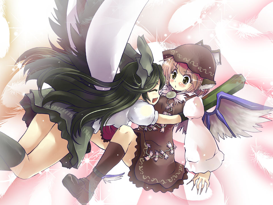 animal_ears bad_id black_hair blush cape closed_eyes dress feathers fingernails hat hitoshise hug long_fingernails long_hair long_nails multiple_girls mystia_lorelei nails reiuji_utsuho short_hair skirt socks sundress touhou wings