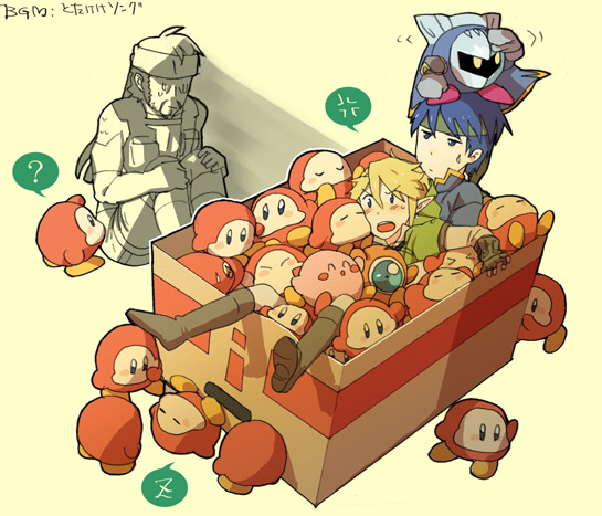 blonde_hair blue_eyes blue_hair box cardboard_box fire_emblem fire_emblem:_souen_no_kiseki fire_emblem_path_of_radiance gloom_(expression) gloves hat headband ike in_container kirby_(series) link mario mask meta_knight metal_gear_solid nintendo pointy_ears sleeping solid_snake super_smash_bros. the_legend_of_zelda waddle_dee waddle_doo yellow_eyes