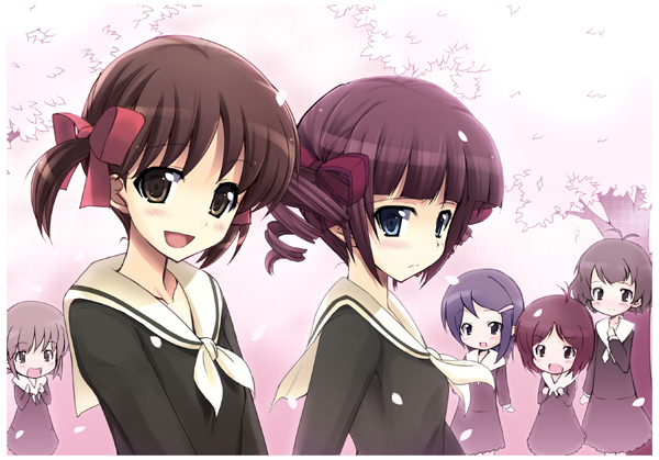 blue_eyes brown_eyes brown_hair drill_hair fukuzawa_yumi maria-sama_ga_miteru matsudaira_touko petals school_uniform serafuku shiwo short_twintails twintails