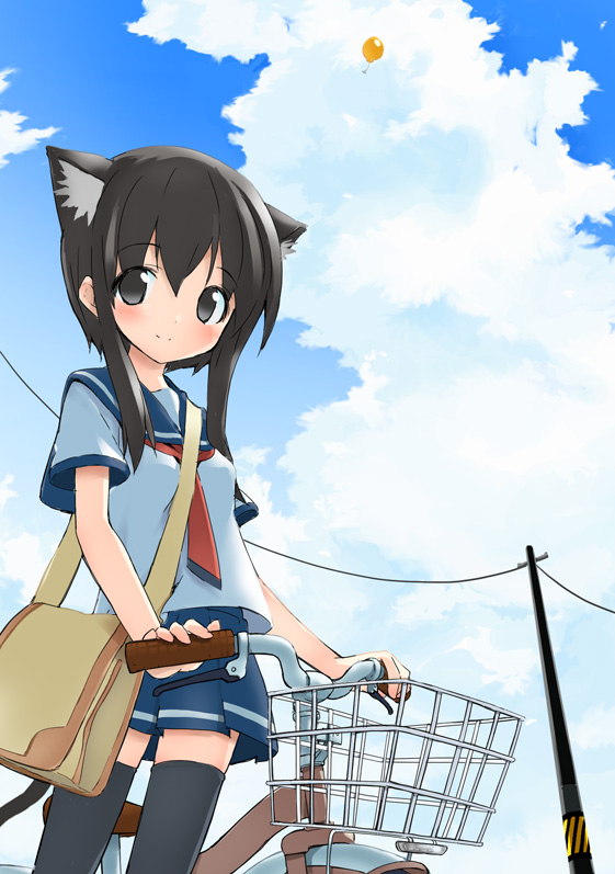 ake animal_ears bad_id bag balloon basket bicycle black_eyes black_hair blush cat_ears cloud clouds messenger_bag original payot school_uniform serafuku short_hair shoulder_bag skirt sky smile socks thigh-highs thighhighs uniform zettai_ryouiki