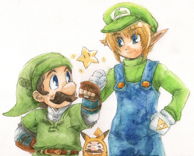 blonde_hair blue_eyes brown_hair cosplay costume costume_switch facial_hair fist_bump gloves hat link link_(cosplay) luigi luigi_(cosplay) male mario multiple_boys mustache nintendo overalls pikachu pikachu_(cosplay) pointy_ears pokemon smile starman_(mario) super_mario_bros. super_smash_bros. the_legend_of_zelda traditional_media white_background