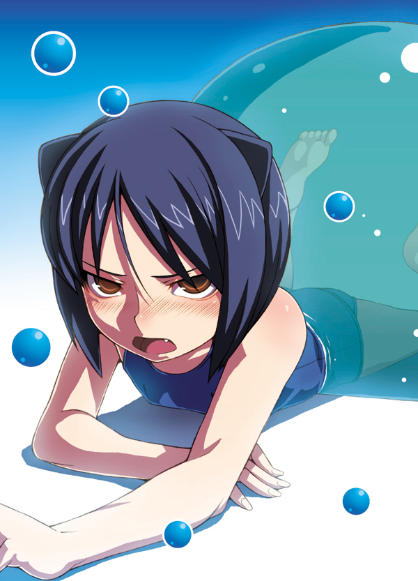 barefoot blue_hair blush brown_eyes daidouji_kira fang lying on_stomach one-piece_swimsuit school_swimsuit short_hair slime solo swimsuit tasaka_shinnosuke