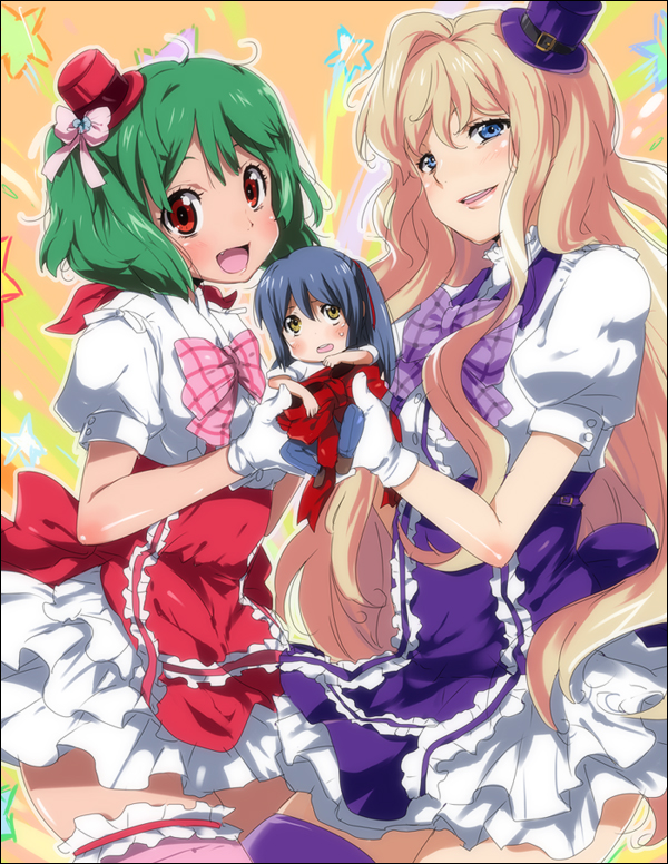 blonde_hair blue_eyes blush dress fang gloves green_hair hat kl long_hair macross macross_frontier mini_top_hat multiple_girls ranka_lee red_eyes ribbon saotome_alto sheryl_nome short_hair smile star thigh-highs thighhighs top_hat twintails