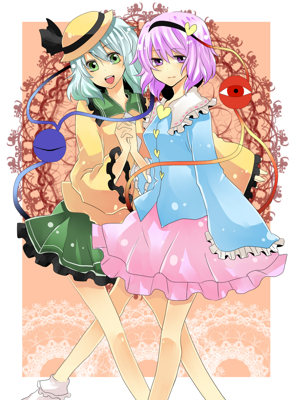 eyes green_eyes hairband hand_holding hat heart highres holding_hands komeiji_koishi komeiji_satori motimoti multiple_girls purple_eyes purple_hair short_hair siblings silver_hair sisters touhou violet_eyes