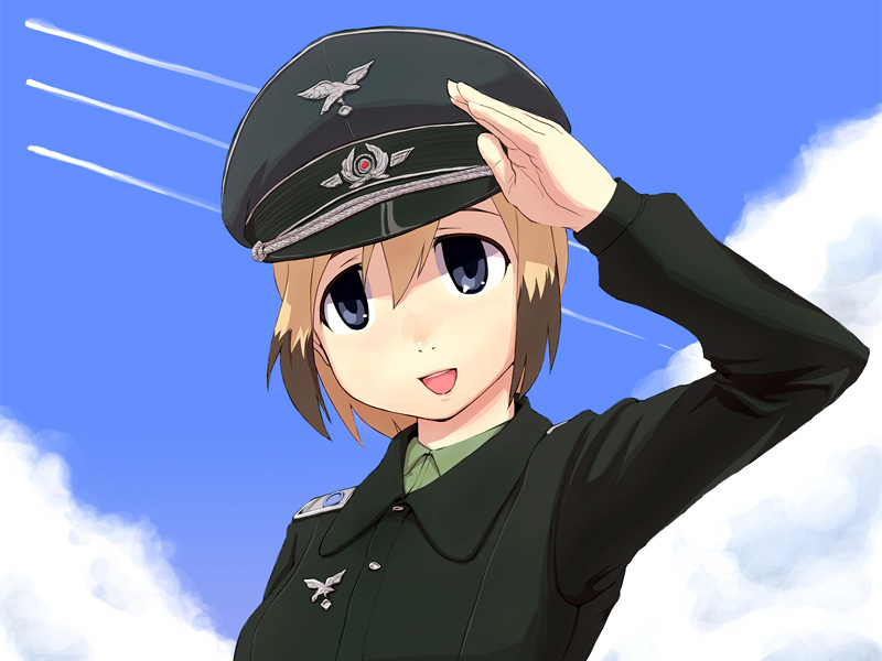 blue_eyes cloud clouds erica_hartmann hat military military_uniform multicolored_hair papa peaked_cap salute short_hair sky solo strike_witches two-tone_hair uniform