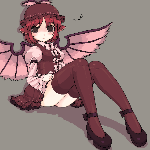 animal_ears dress frilled_dress frills grey_background hat kt2 legs looking_at_viewer lowres musical_note mystia_lorelei oekaki pink_hair shoes short_dress short_hair simple_background sitting solo thigh-highs thighhighs touhou wings zettai_ryouiki